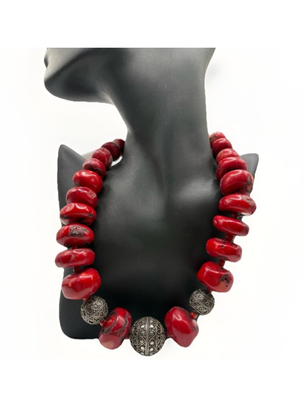 Vintage Large Natural Red Coral Beaded Graduated Necklace Heavy Silver Bead 259g